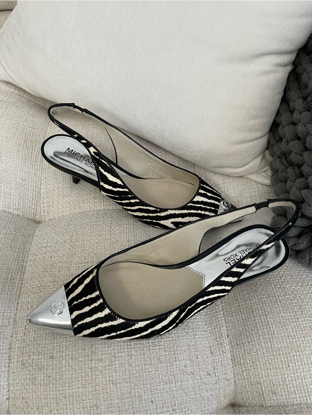 Michael Kors Paxton Zebra Calf Hair Pointed Chrome Cap Toe Slingback Kitten Heel